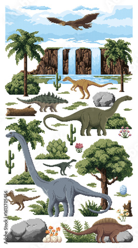 8bit pixel prehistoric dinosaurs and landscape with Jurassic lizards and reptiles, cartoon vector. 8 bit pixel art game dinosaurs and pterodactyl for paleontology dino park and dinosaur world arcade