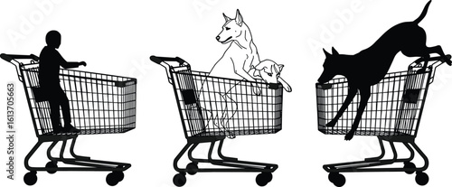 Funny silhouette and line art of dogs and child in shopping carts, humorous pet and kid scene in supermarket style