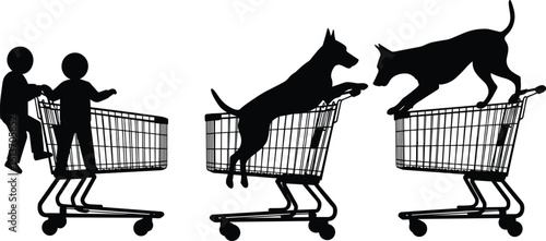 Funny silhouettes of dogs and kids in shopping carts, humorous supermarket scene, pet mischief and playful children in carts