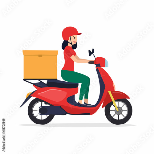 Delivery woman on red scooter with yellow box, wearing helmet and green pants.