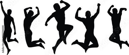 jumping man silhouette vector, energetic male poses, powerful leap illustration, fitness action clipart, strong jump silhouette, black vector shape