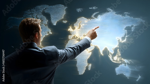 A man in a suit pointing at a digital world map with bright light shining from behind the continents