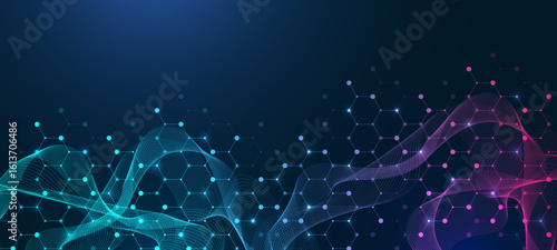 Molecular abstract structure and genetic engineering DNA. Healthcare and medicine background concept. Scientific research background. Wave flow. Innovation pattern. Vector illustration.