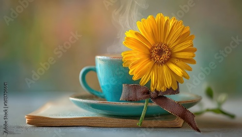 Teal cup of coffee or tea with a yellow gerbera, gentle light, warm tones
