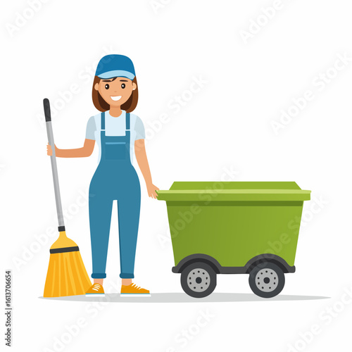 Smiling sanitation worker with broom and trash cart illustration.