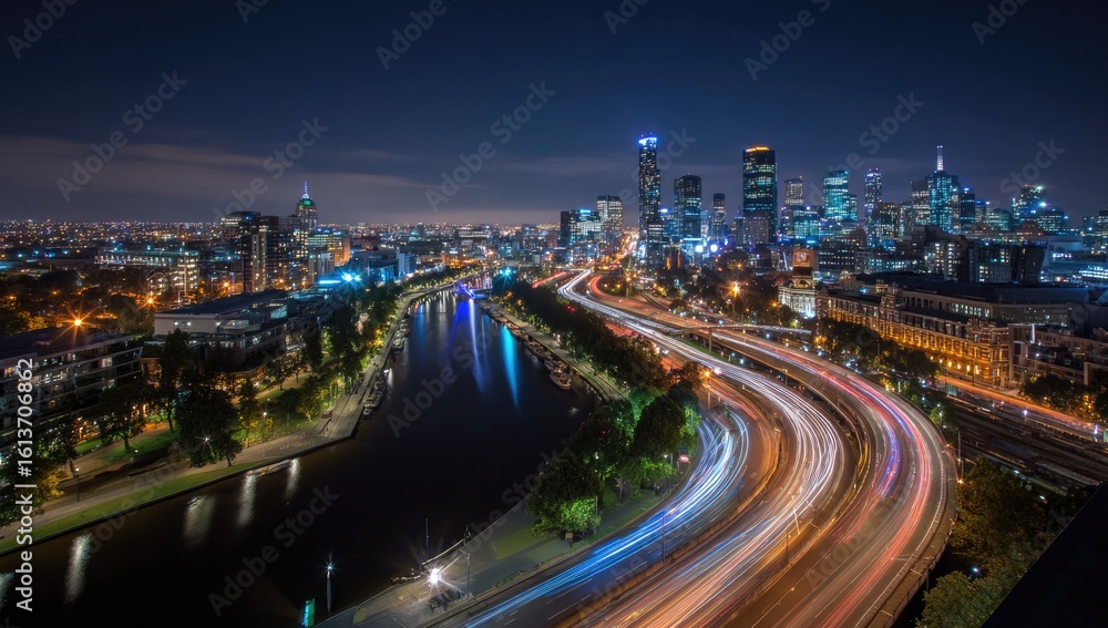 Obraz premium City skyline at night with blurred traffic trails