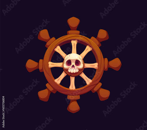 Cartoon pirate icon, corsair ship helm with skull of Jolly roger, vector symbol. Caribbean adventure pirate or corsair sailboat wheel or boat ship, wooden helm or rudder steer for pirates seafaring