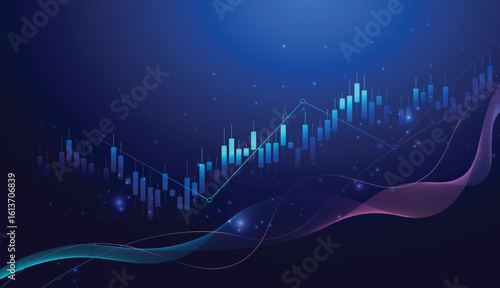 candle stick graph chart with line growth of stock market investment trading analysis graph. vector illustration on blue background.