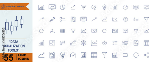 Data Visualization Tools Icon Set – 55 Line Symbols for Charts, Graphs, and Analytical Interfaces