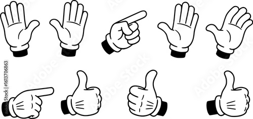 Set of cartoon hands in gloves. Retro style mascot hands. Rubber hose style hands. Vector illustration
