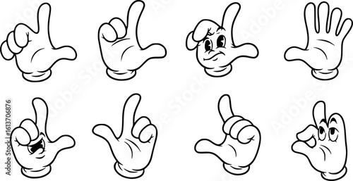 Set of cartoon hands in gloves. Retro style mascot hands. Rubber hose style hands. Vector illustration
