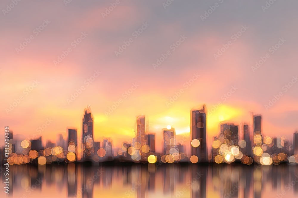 Fototapeta premium Blurry cityscape at sunset
