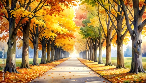 Fall trees line path art