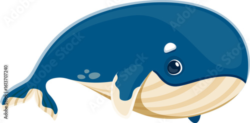 Cartoon whale character for kids mascot of sea animal or ocean fish, vector icon. Blue whale with cute funny face, underwater and undersea cartoon animal character with happy, cheerful or shy look