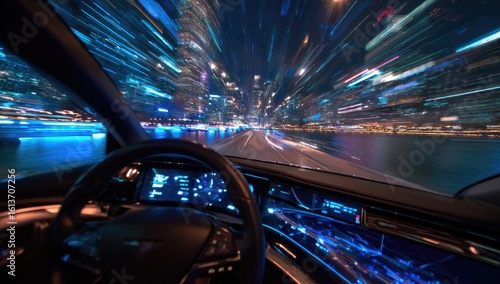Night city driving, futuristic interior