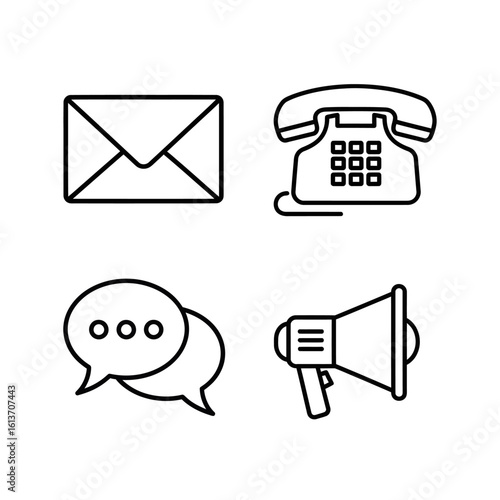 Communication outline icon set for business contact and support. Vector symbols including email, telephone, chat, and announcement.