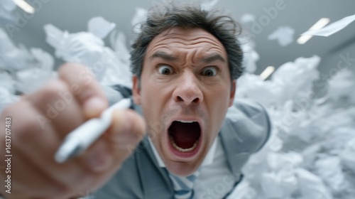 A distressed man with a wide open mouth and raised fist holds a syringe like object amidst chaotic flying white papers c