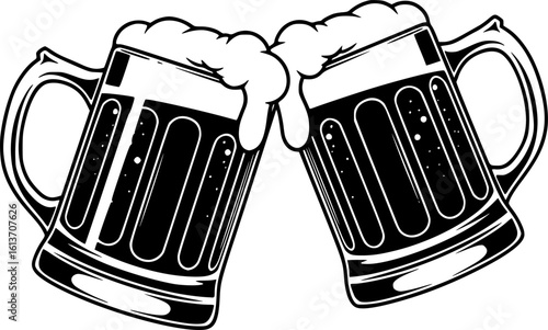 Two toasting beer mugs. Vintage beer mugs. For poster, menu, banner.
