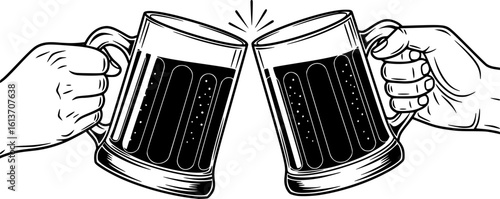 Two toasting beer mugs. Vintage beer mugs. For poster, menu, banner.
