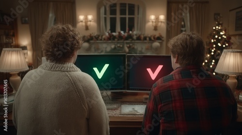 Two individuals seated at a desk facing dual monitors, one displaying a green checkmark and the other a red checkmark,