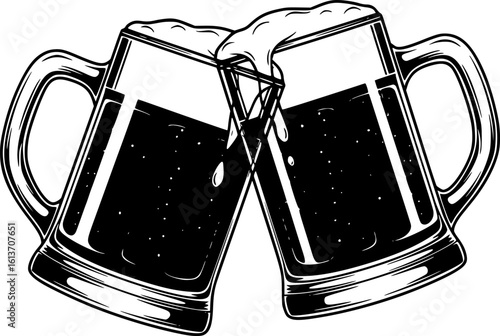 Two toasting beer mugs. Vintage beer mugs. For poster, menu, banner.
