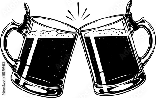 Two toasting beer mugs. Vintage beer mugs. For poster, menu, banner.
