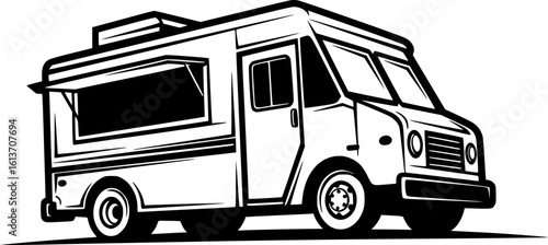 Illustration of an food truck. Design element for emblem, sign, badge. Vector illustration
