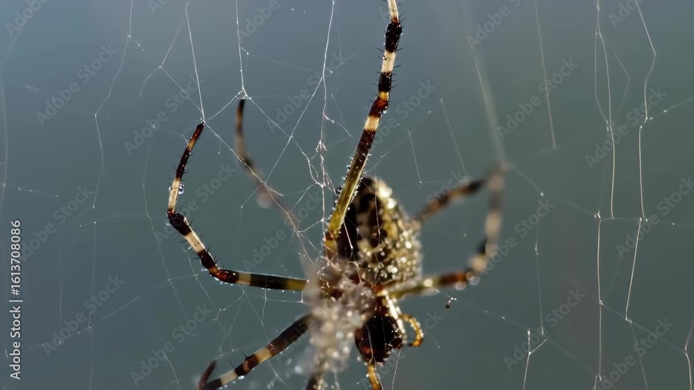 Closeup of a spider spinning web with detailed focus on its legs and silk strands Closeup of a spider spinning web with detailed focus on its legs and silk strands