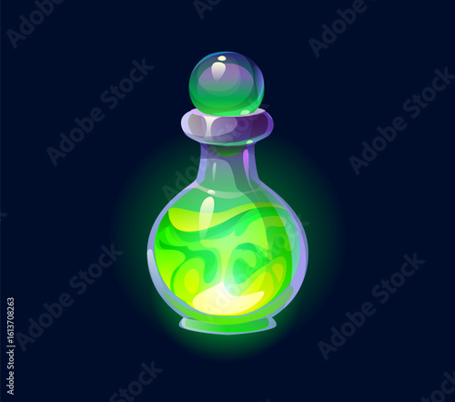 Glowing green potion bottle emitting mystical aura. Isolated cartoon vector magic, fantasy, alchemy or wizard elixir or poison vial for fantasy or fairytale games evoke sense of wonder and enchantment