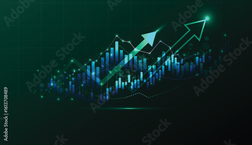 business candlestick charts and technology economy markets chart with arrow growth vector illustration design.