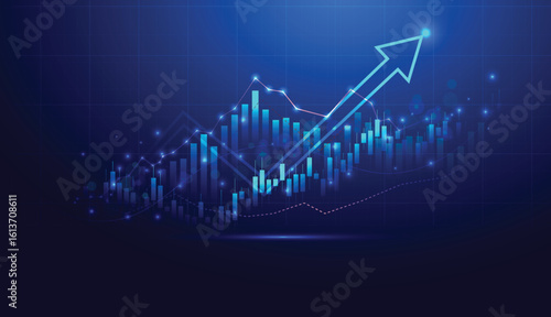 stock market candlestick chart with arrow growth. business investment and success graph. vector illustration digital trading chart. technology on blue background.