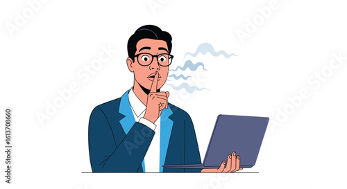 Man in business suit gesturing for silence while holding a laptop in a professional setting