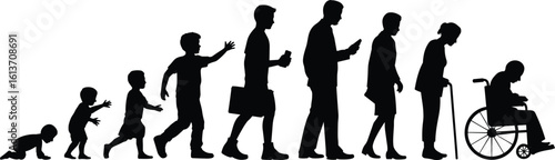 life stages, human evolution, age progression, baby to elderly, human timeline, growing up, people silhouettes, life journey, aging process, life span graphic