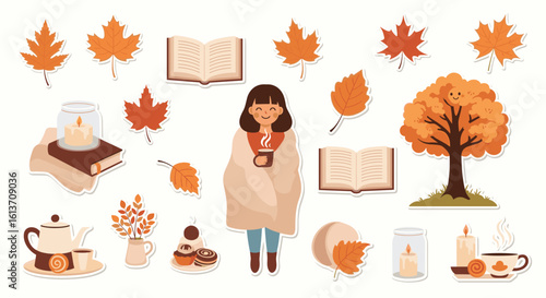 Cozy autumn vibes enjoying warm drinks and reading books amidst falling leaves and colorful trees