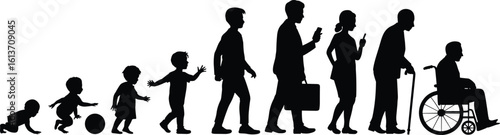 human life stages, growing up, baby to elder, life timeline, age progression, male and female silhouettes, child development, aging journey, life cycle art