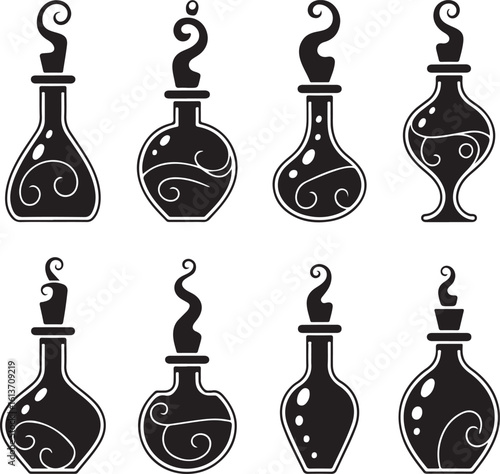 Set of eight black potion bottles with swirling liquid