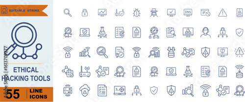 Ethical Hacking Tools Icon Set – 55 Line Symbols for Cybersecurity, Network Protection, and Digital Defense