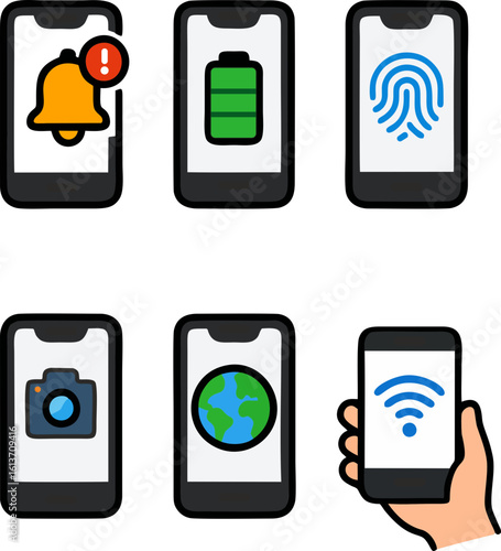 Set of vector icons of smartphones - notifications, battery, fingerprint, internet. The icons are suitable for mobile applications, UI/UX design, web services, presentations, interface icons 