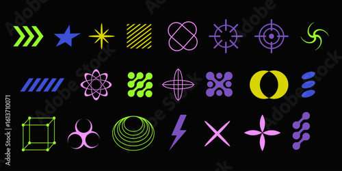 Abstract bright vector y2k elements. Multicolored colorful futuristic symbols on black background.