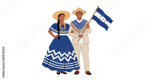 Celebrating honduran heritage with traditional attire and national flag presentation
