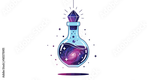 Enchanting cosmic elixir contained within a whimsical glass potion bottle emanating magical stardust and galactic swirls