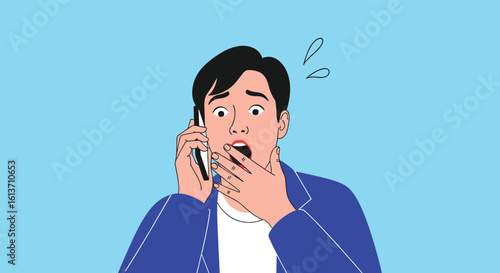 An astonished man receives shocking news over his mobile phone causing extreme fear and disbelief on his face with eyes wide open