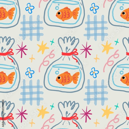 Cute Goldfish in Bowl Seamless Pattern for Kids