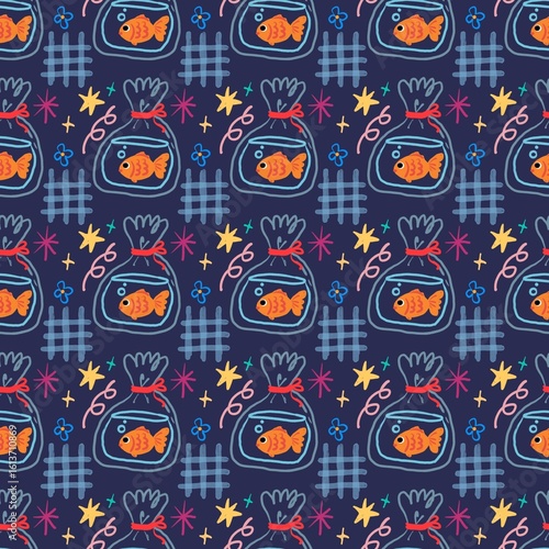 Cute Goldfish in Bowl Seamless Pattern for Kids