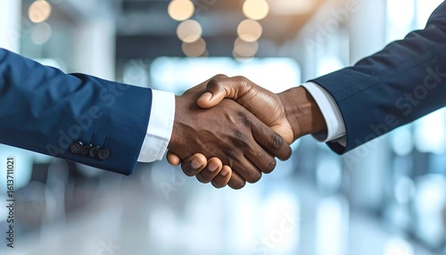 Business handshake between two African American men in a modern office setting