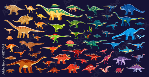 Prehistoric dinosaurs infographics. Dino species vector set. Cartoon ancient reptiles from Jurassic era. Terrestrial carnivores, omnivores, herbivores, marine reptiles and pterosaurs characters