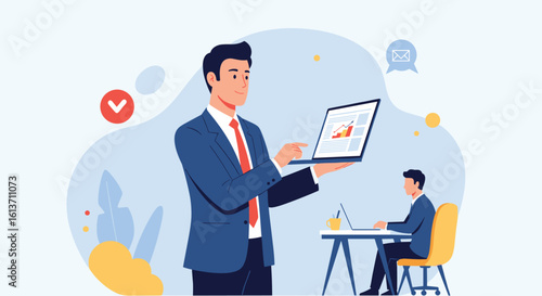 Successful business professional demonstrating digital platform management and data analysis to colleagues in modern office setting