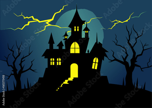 Spooky Halloween Haunted House with Moon Lightning and Bare Trees in Dark Blue Night