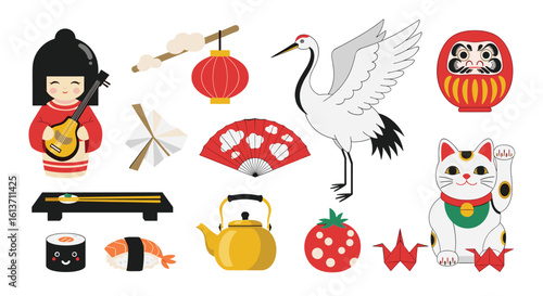 Collection of traditional japanese cultural icons and symbols vector illustration
