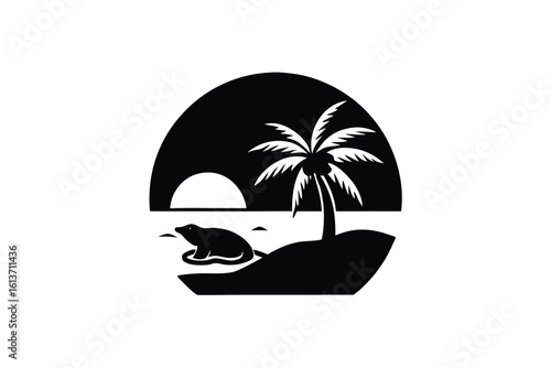 Sunset with Palm Tree and Sea Lion Lounging on the Beach Illustration